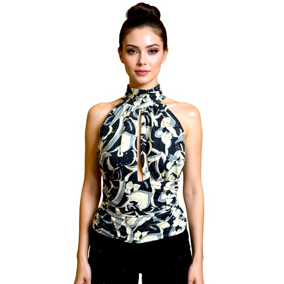 Tadashi Shoji Vintage Evening Black and White Cream Halter Sequin Floral Blouse - Picture 1 of 11